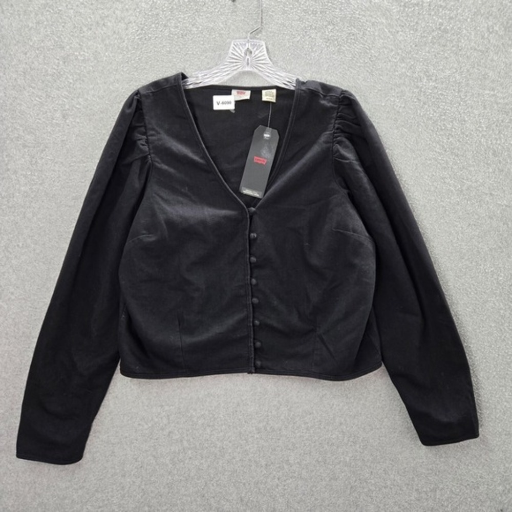 Levi's Women Top XL Black Teegan Cotton Mutton Sleeve Blouse Crop V Neck NWT